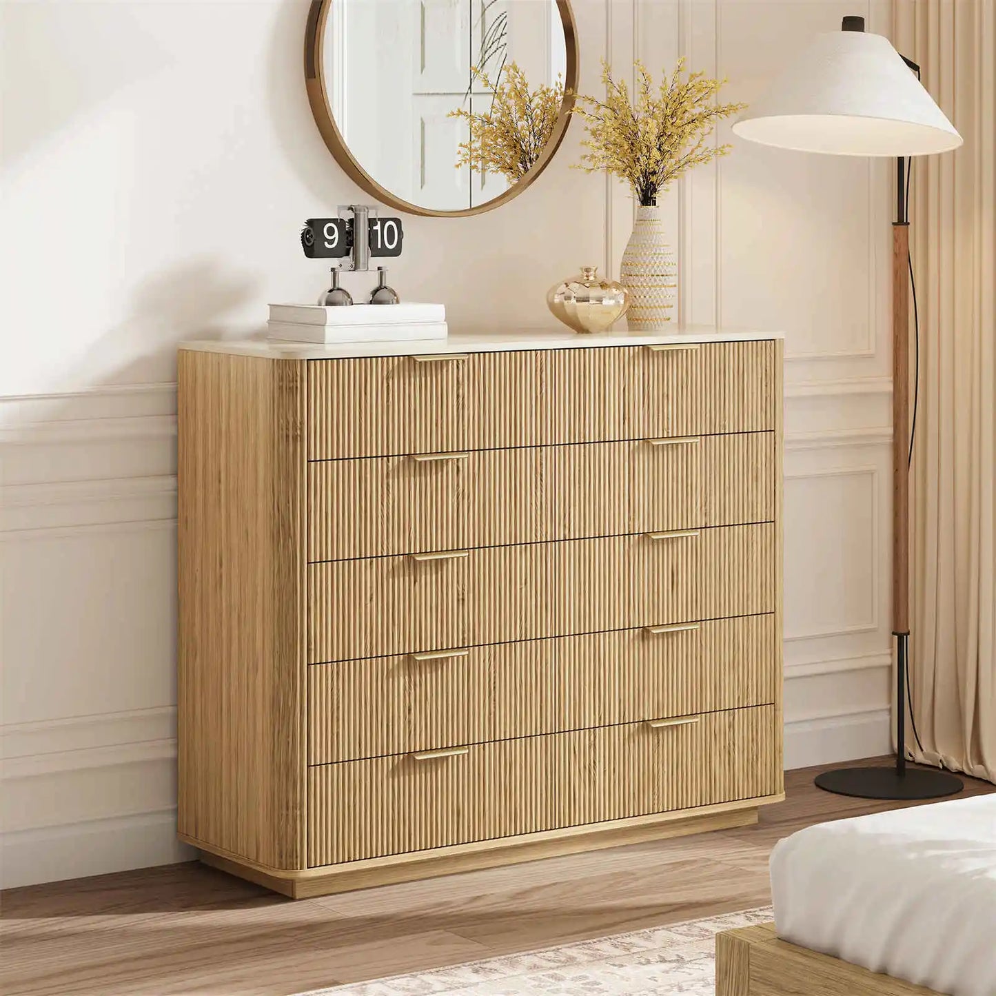 Tall 10 Drawer Storage Cabinet/Dresser 39.3in Fluted Organizer, Beige