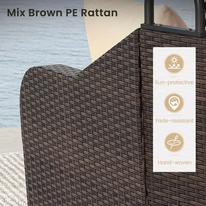Outdoor Daybed with Retractable Canopy - PE Rattan Double Chaise Lounge