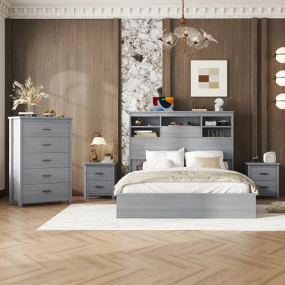 4-Pieces Queen Vintage Wooden Bed Frame with 2 Nightstands