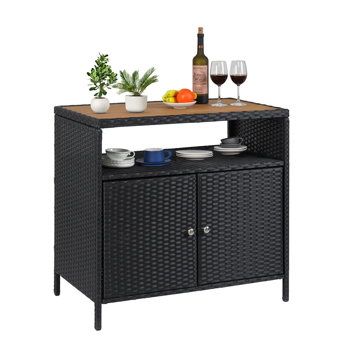 Weatherproof Outdoor Wicker Bar Table Storage Cabinet Double Doors & Shelves
