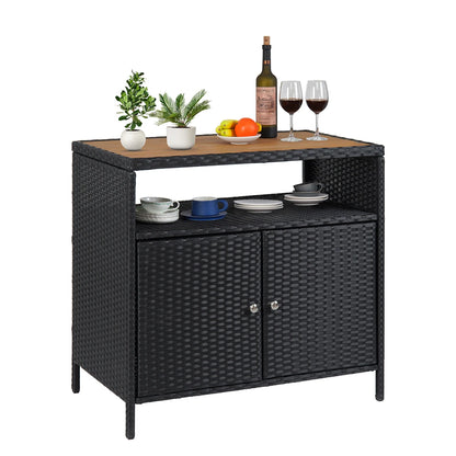 Weatherproof Outdoor Wicker Bar Table Storage Cabinet Double Doors & Shelves