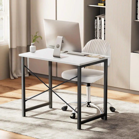 Computer Office Desk Compact Metal Frame Wood Tabletop Easy Assembly