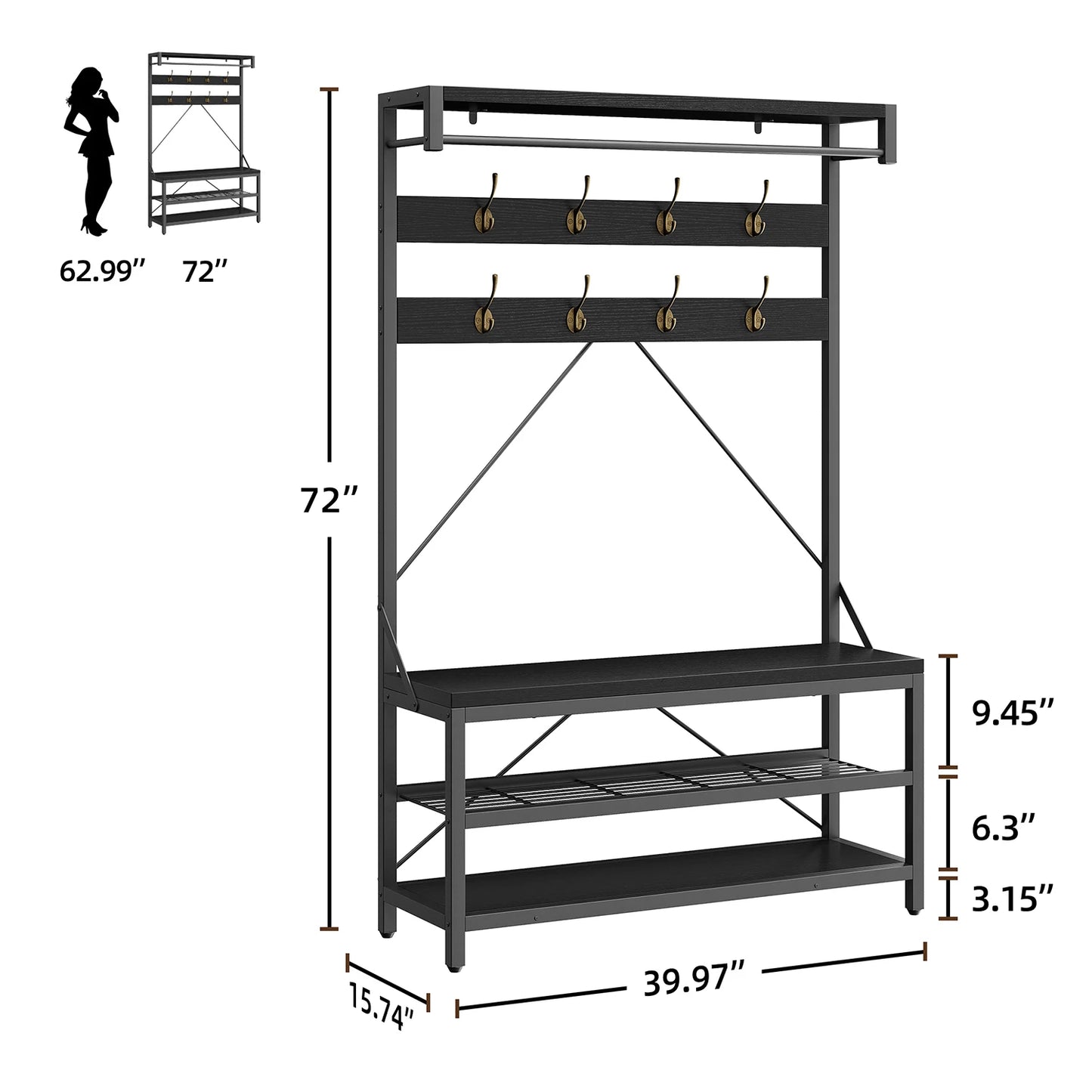 72Inch Tall Coat Rack 5-in-1 Shoe Rack/Bench, Storage shelves 8 Hooks