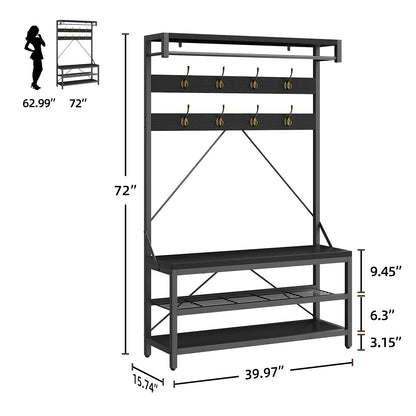 72Inch Tall Coat Rack 5-in-1 Shoe Rack/Bench, Storage shelves 8 Hooks