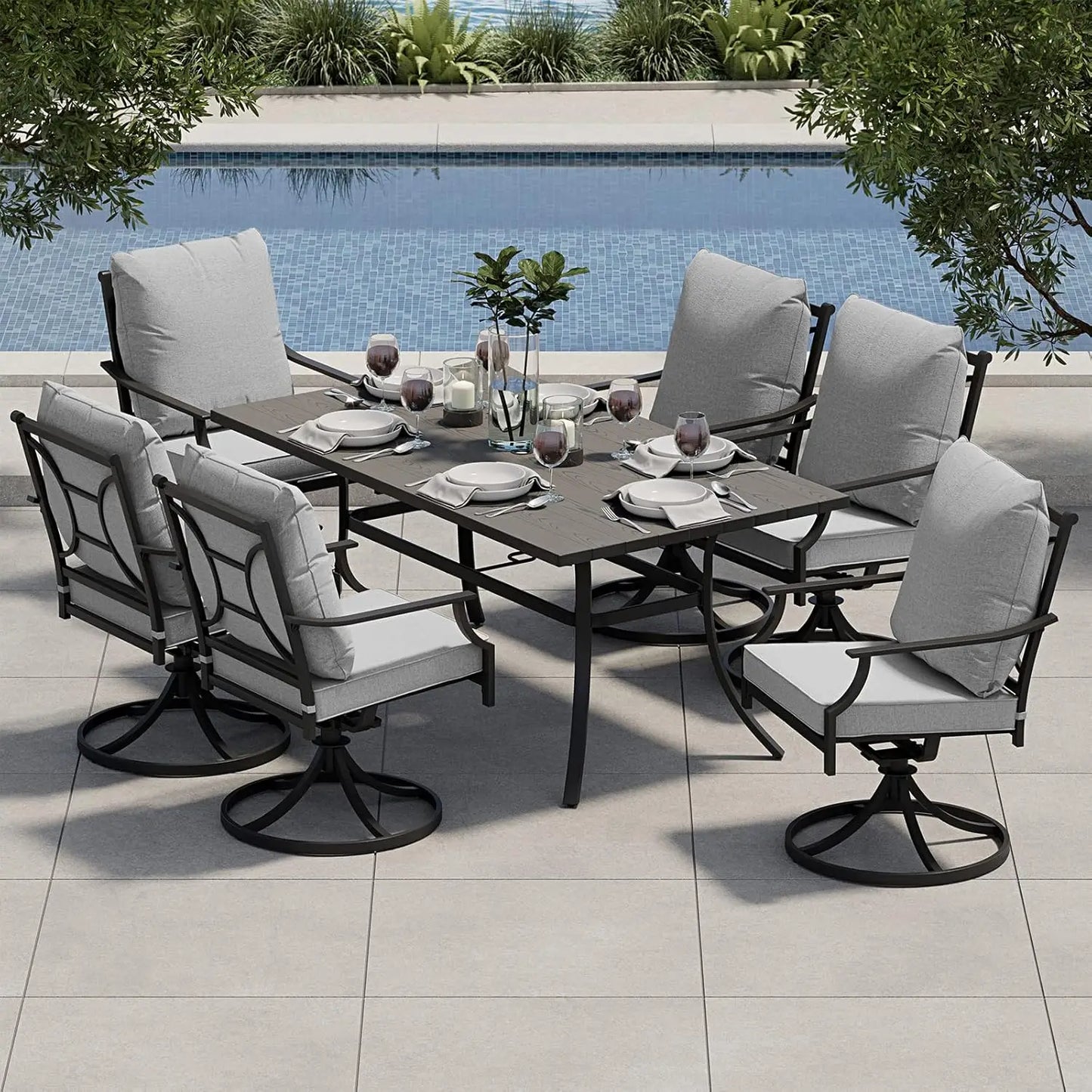 7-Piece Patio Dining Set for 6, Outdoor Swivel Chairs with Olefin Cushions