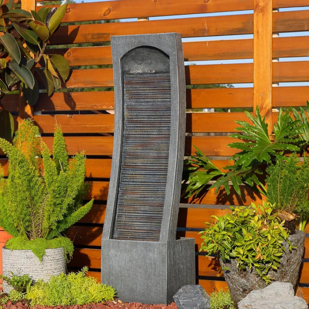 Modern Indoor Curved Faux Slate Waterfall Fountain with LED Lighting,