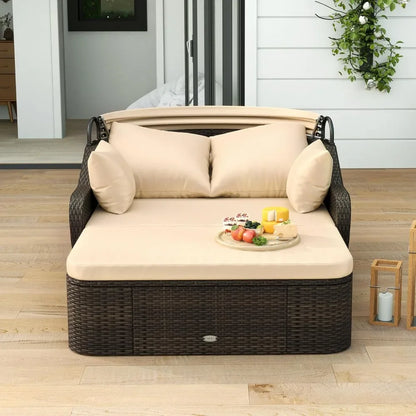 Outdoor Daybed with Retractable Canopy - PE Rattan Double Chaise Lounge