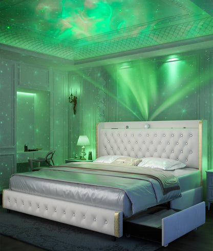 Queen LED Bed Frame Galaxy Projector, Bluetooth Speaker, USB Ports