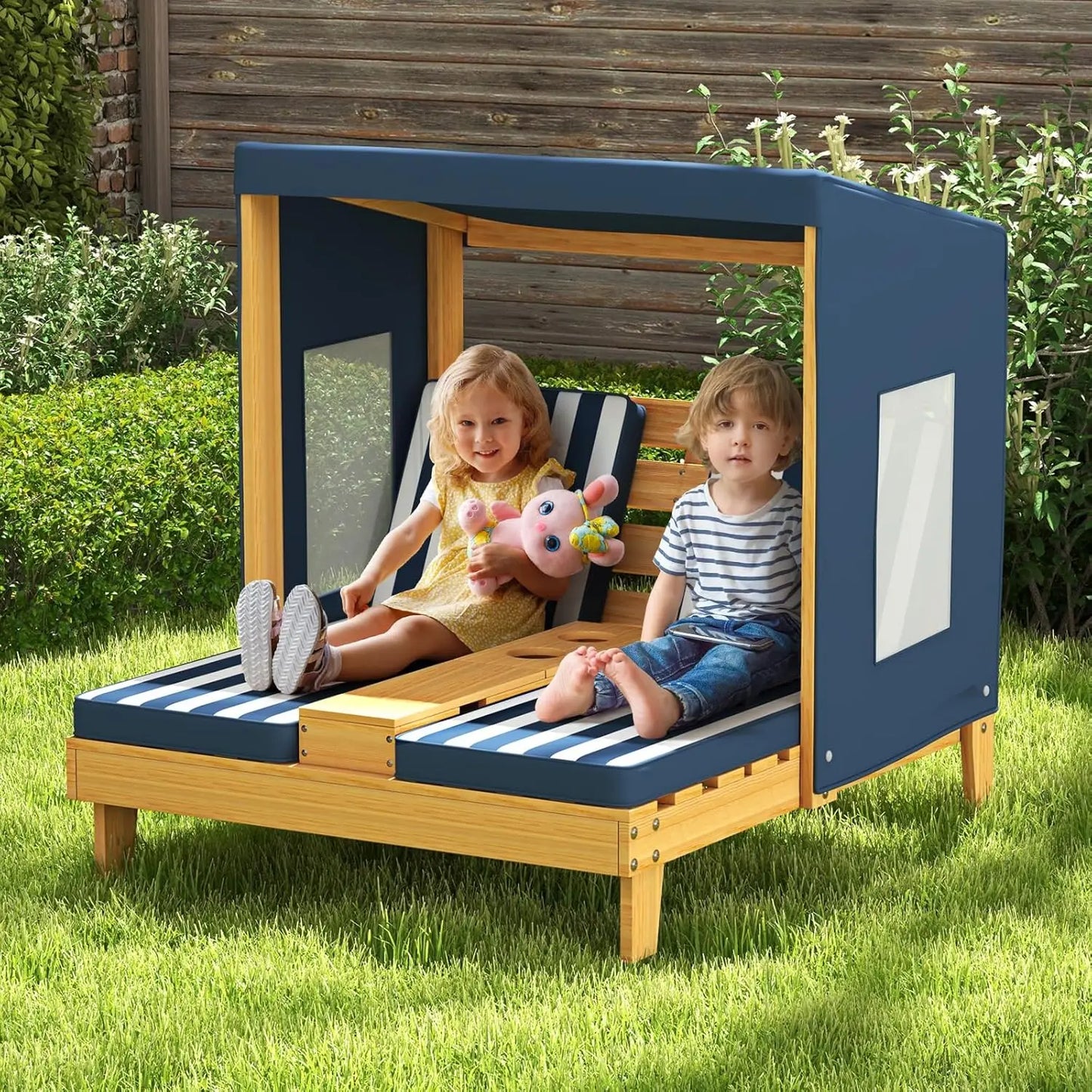Kids Chaise Lounge Chair Outdoor, Toddler Wood Double Pool Lounger