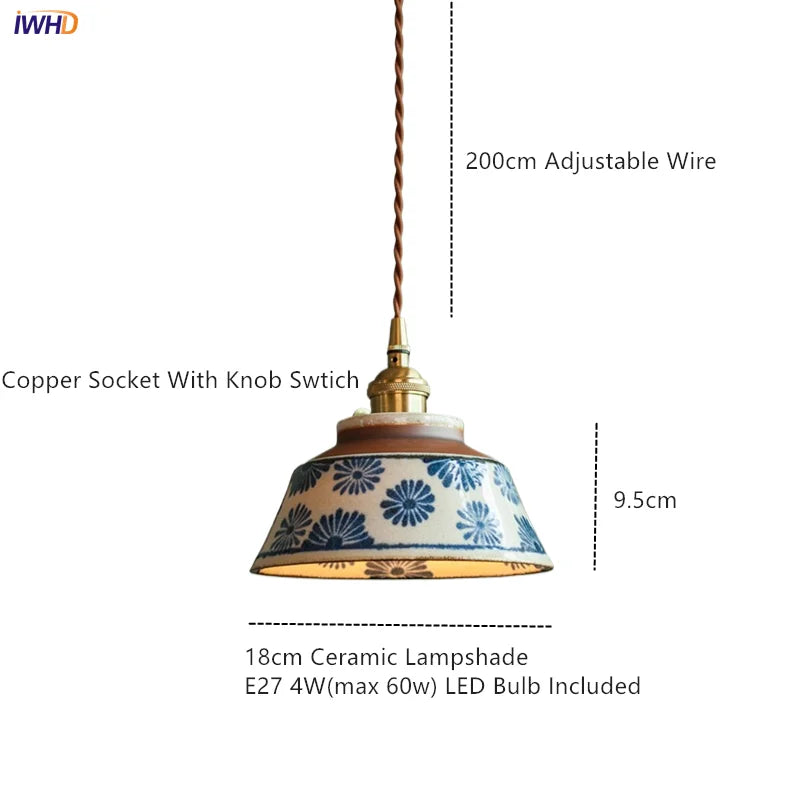 Vintage LED Pendant Light Freehand Painting Ceramic Copper