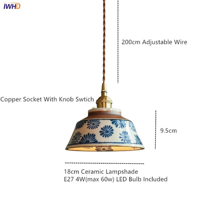 Vintage LED Pendant Light Freehand Painting Ceramic Copper