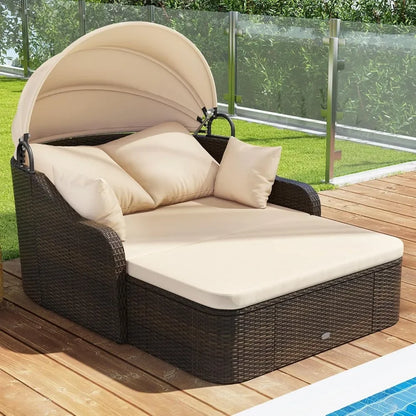 Outdoor Daybed with Retractable Canopy - PE Rattan Double Chaise Lounge