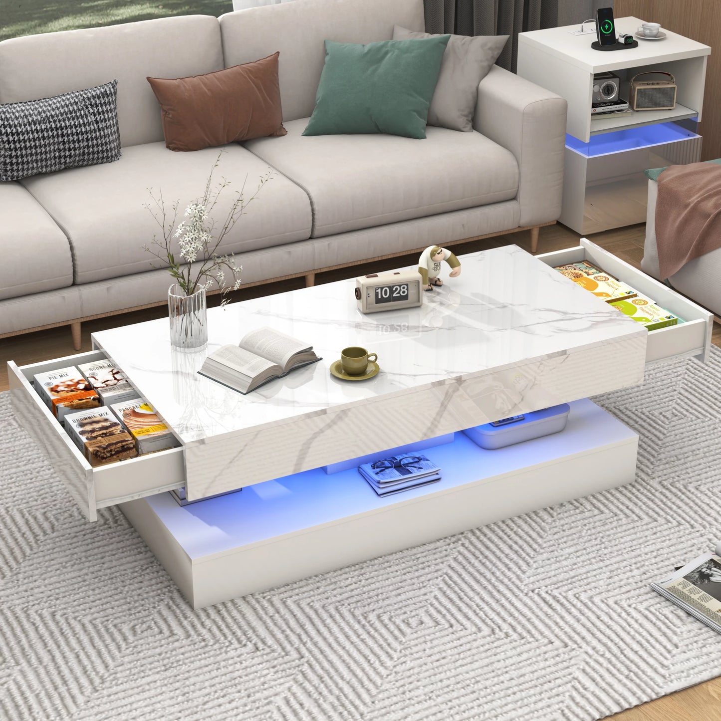 Modern Double-Layer Coffee Table with LED lights, 2 Storage Drawers