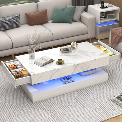 Modern Double-Layer Coffee Table with LED lights, 2 Storage Drawers