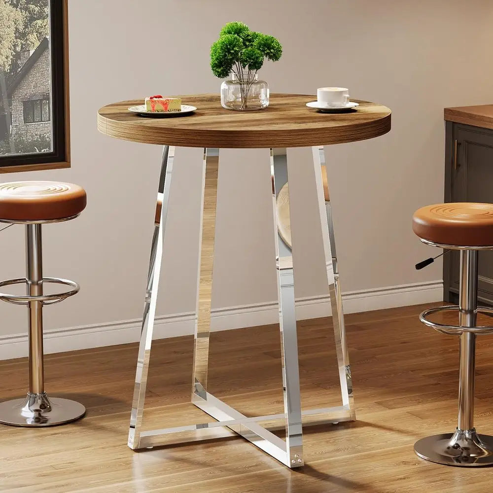 Round Bar Table, 40.2" High Bistro Pub Table with Crossed Metal Legs,