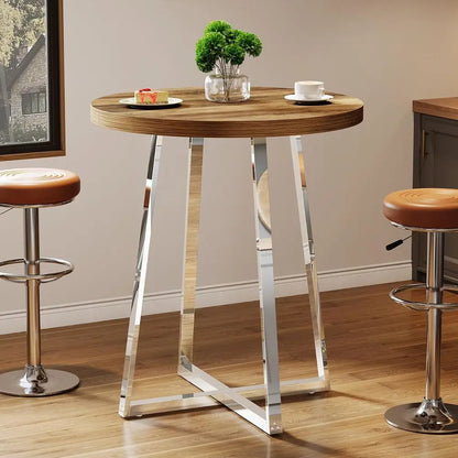 Round Bar Table, 40.2" High Bistro Pub Table with Crossed Metal Legs,