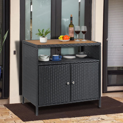 Weatherproof Outdoor Wicker Bar Table Storage Cabinet Double Doors & Shelves