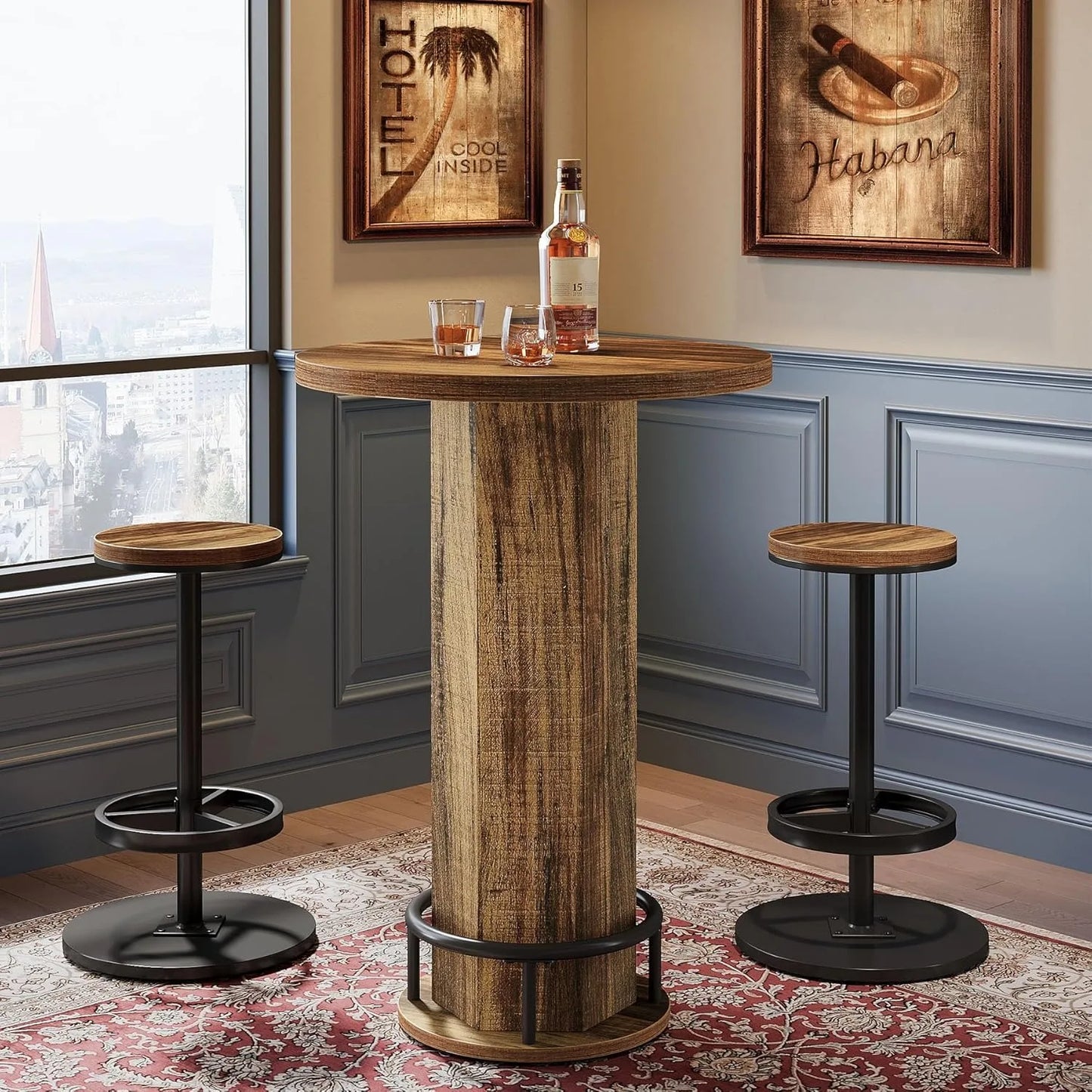 LITTLE TREE Round Bar Table with 2 barstools, Metal Ring Footrest
