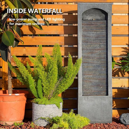 Modern Indoor Curved Faux Slate Waterfall Fountain with LED Lighting,