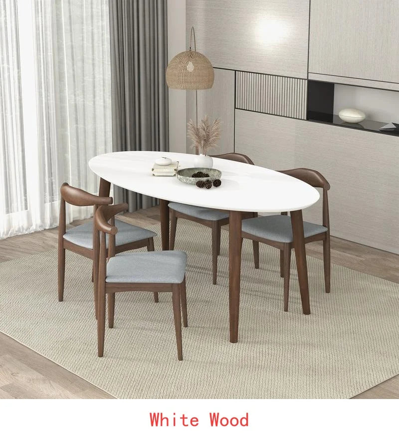 Solid Wood Walnut Oval Dining Table with 4 Chairs Set