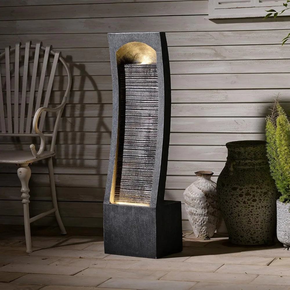 Modern Indoor Curved Faux Slate Waterfall Fountain with LED Lighting,