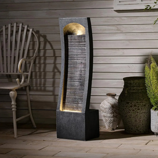 Modern Indoor Curved Faux Slate Waterfall Fountain with LED Lighting,