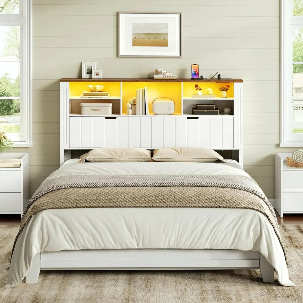 Queen Only, Bookcase Headboards with Charging Station and LED Lights