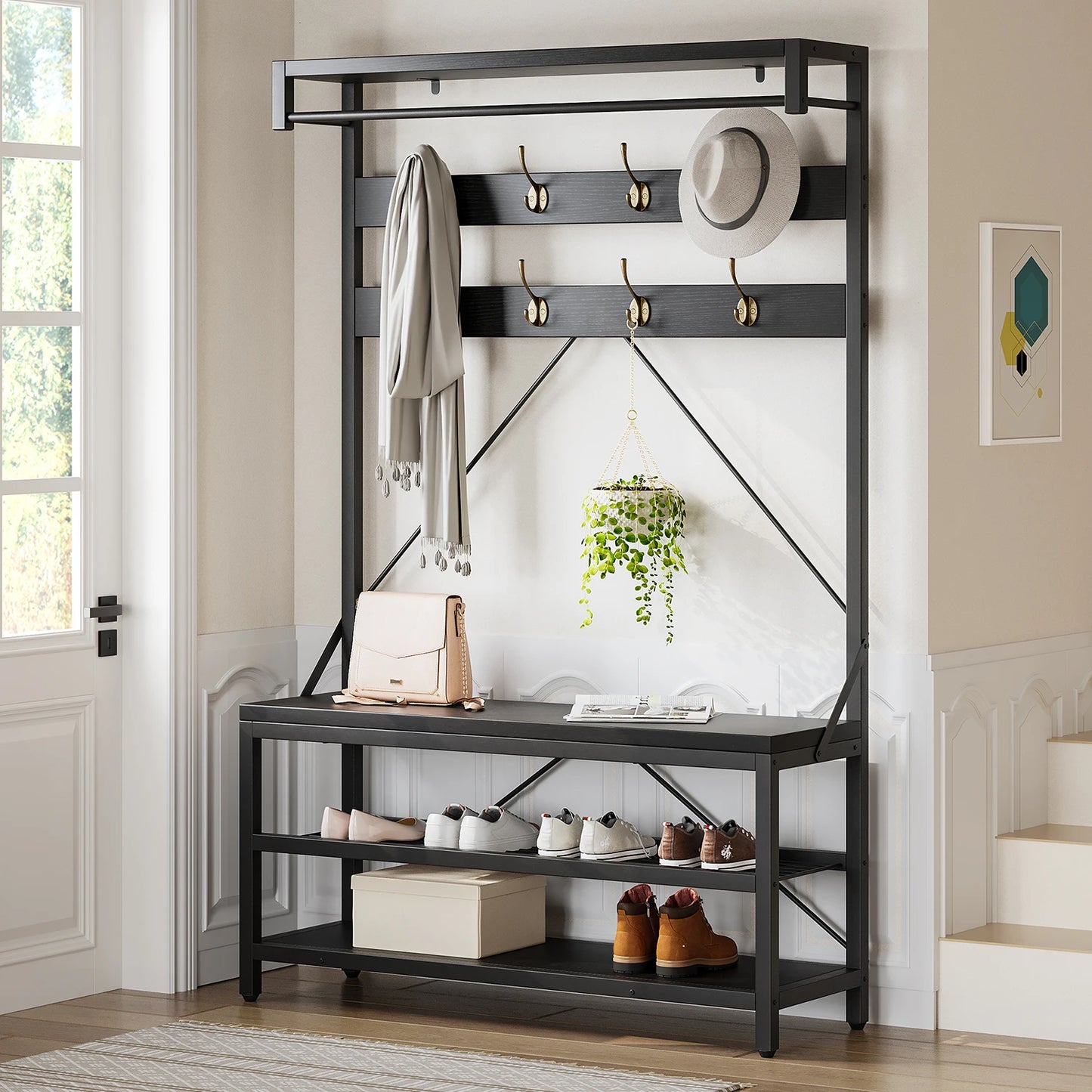 72Inch Tall Coat Rack 5-in-1 Shoe Rack/Bench, Storage shelves 8 Hooks