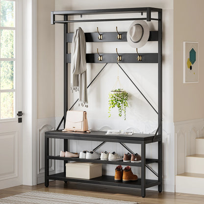 72Inch Tall Coat Rack 5-in-1 Shoe Rack/Bench, Storage shelves 8 Hooks